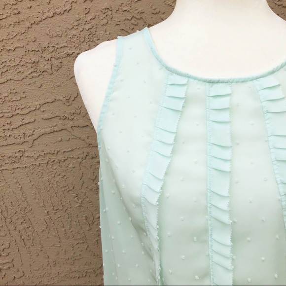 Elle Tops - ELLE Mint Sheer Dot Textured Ruffle Pleated Blouse